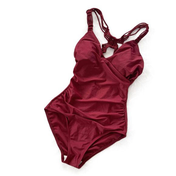 Merona Swimsuit S Small Macrame Burgundy Red One Piece V Neck Ruched Padded - Picture 2 of 7